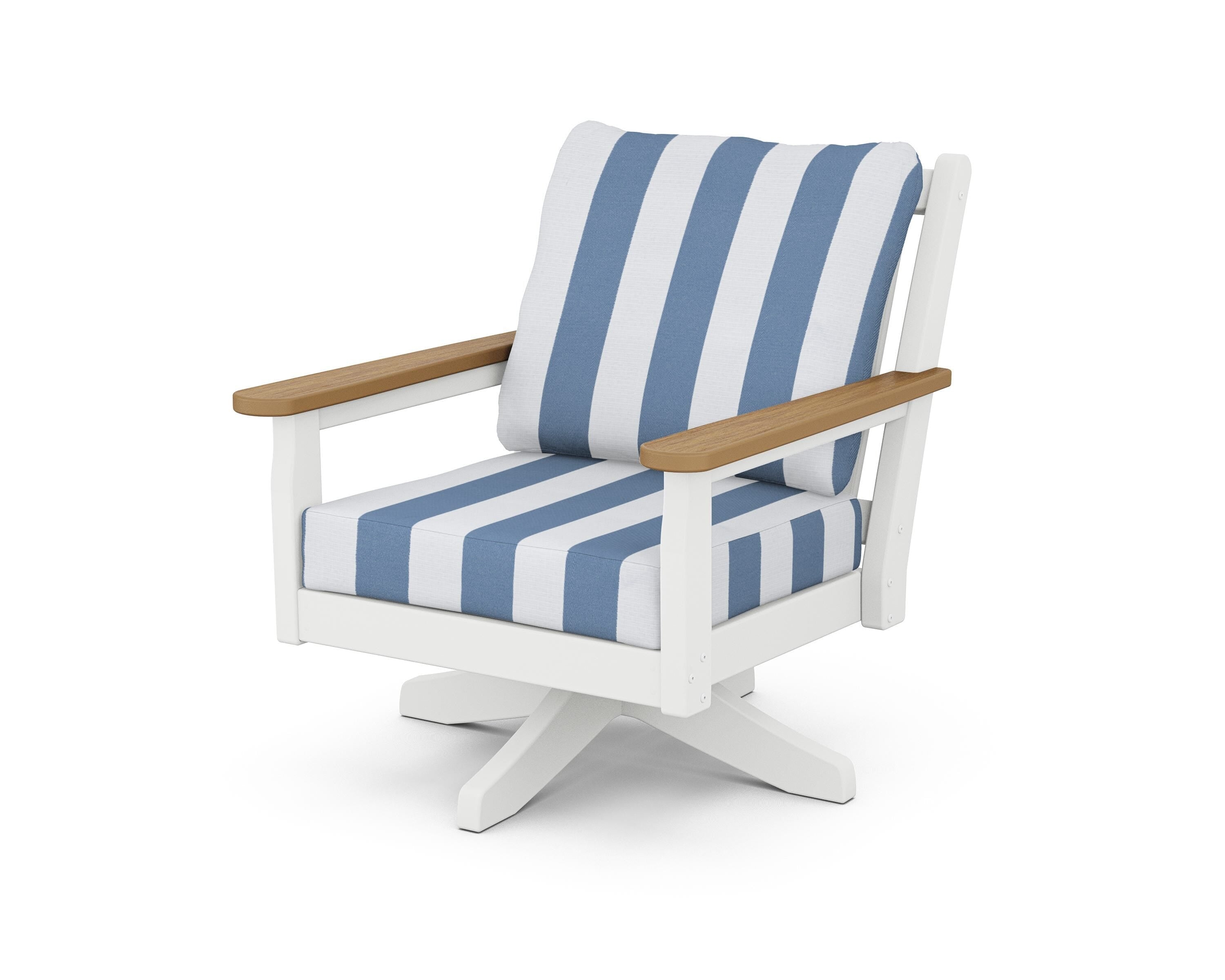 POLYWOOD® Chippendale Deep Seating Swivel Chair in White / Natural / Cabana Stripe Sky Blue