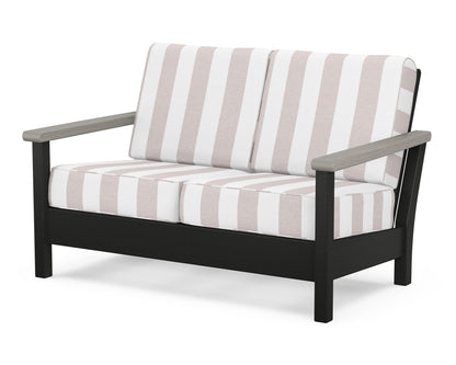 POLYWOOD® Harbour Deep Seating Loveseat in Black / Driftwood / Cabana Stripe Dune Burlap