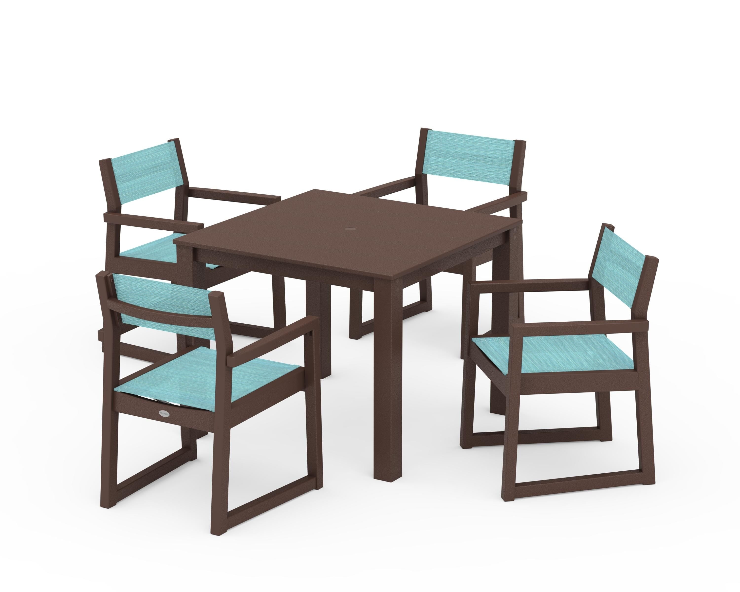 POLYWOOD® EDGE Sling Arm Chair 5-Piece Parsons Dining Set in Mahogany / Dupioni Aquamarine Sling