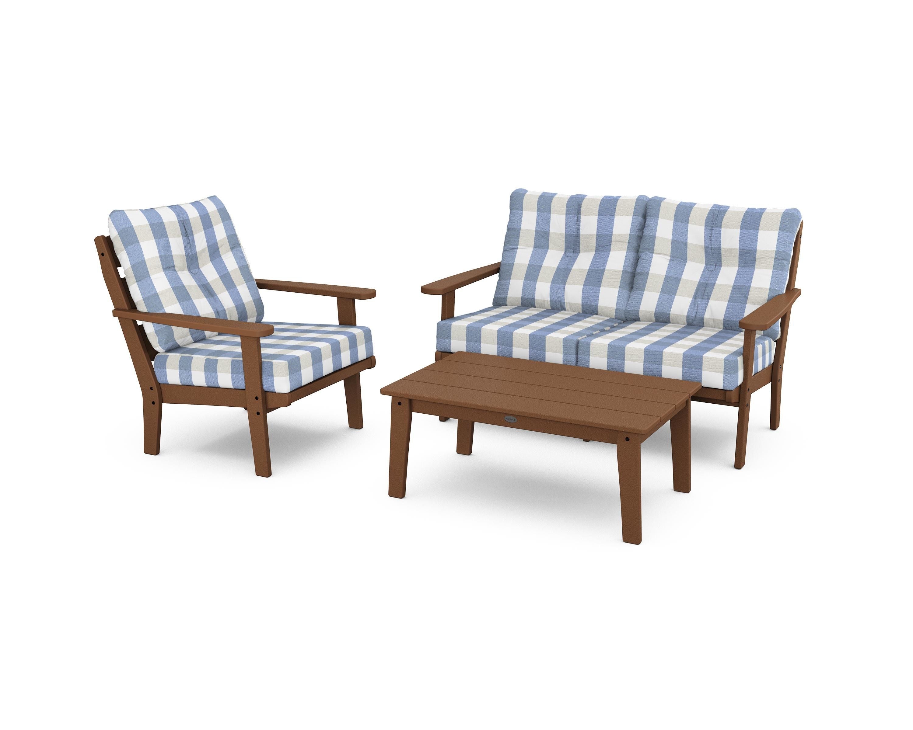 POLYWOOD® Lakeside 3-Piece Deep Seating Set in Teak / Buffalo Plaid Sky Blue