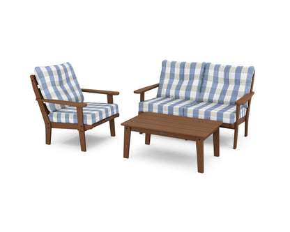 POLYWOOD® Lakeside 3-Piece Deep Seating Set in Teak / Buffalo Plaid Sky Blue