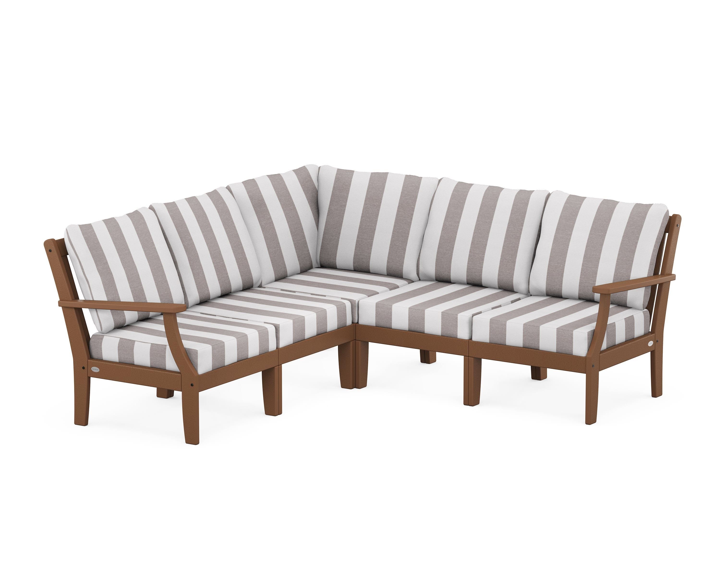 POLYWOOD® Braxton Modular 5-Piece Deep Seating Set in Teak / Cabana Stripe Grey Mist