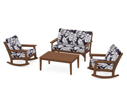 POLYWOOD® Vineyard 4-Piece Deep Seating Rocking Chair Set in Teak / Leaf Navy
