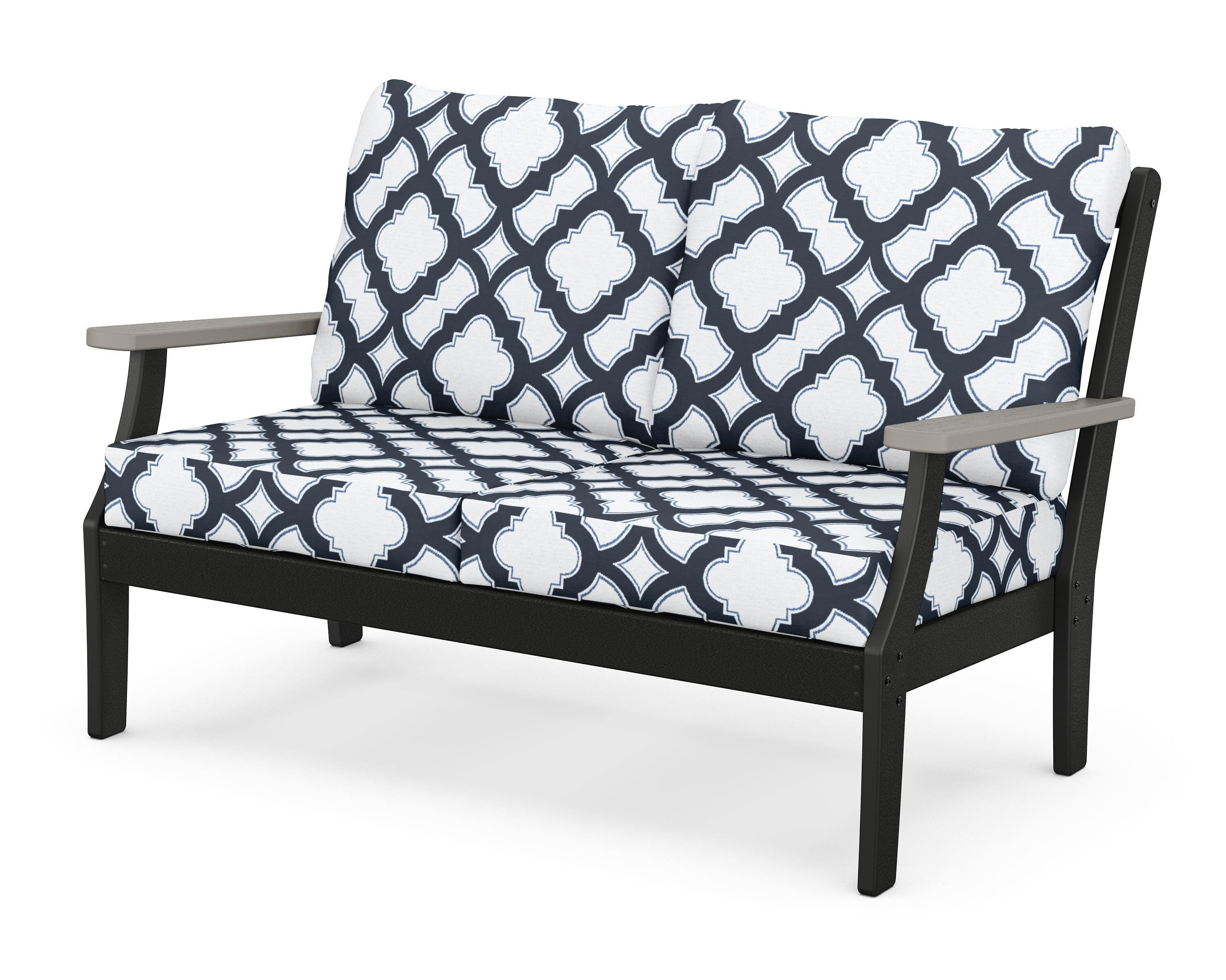 POLYWOOD® Braxton Deep Seating Loveseat in Black / Driftwood / Trellis Marine Indigo
