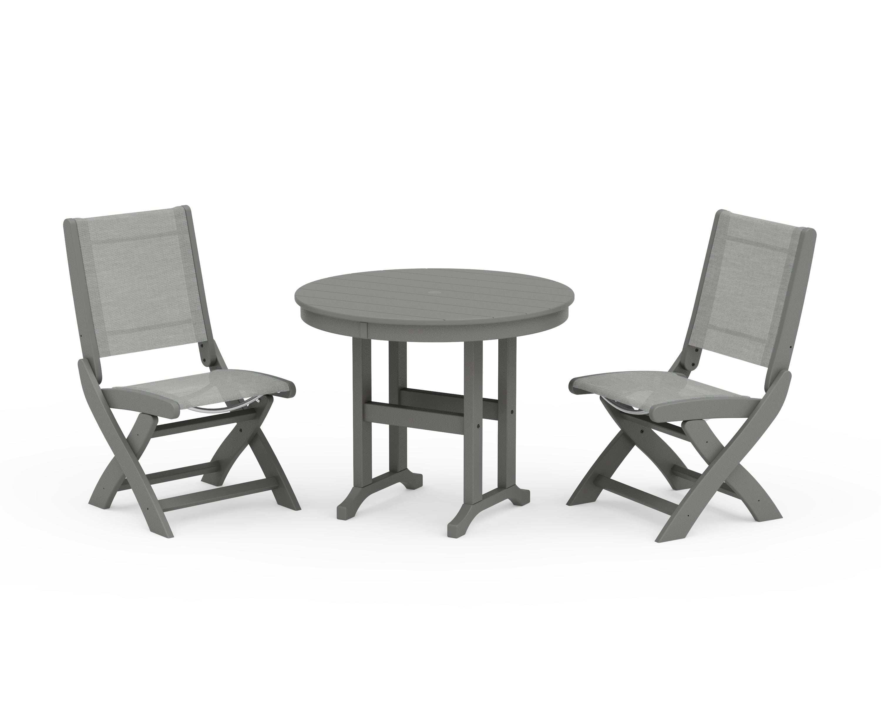 POLYWOOD® Coastal Folding Side Chair 3-Piece Round Dining Set in Slate Grey / Metallic Sling