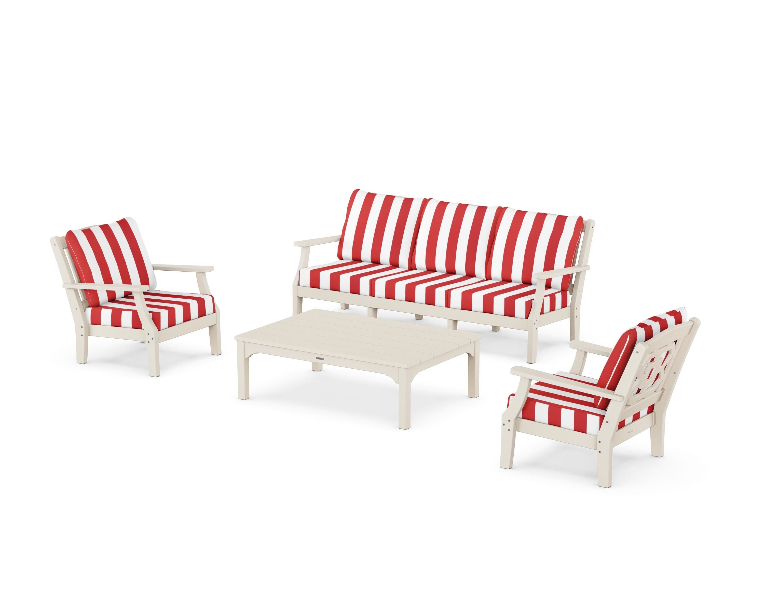 Martha Stewart by POLYWOOD® Chinoiserie 4-Piece Deep Seating Set with Sofa in Sand / Cabana Stripe Crimson