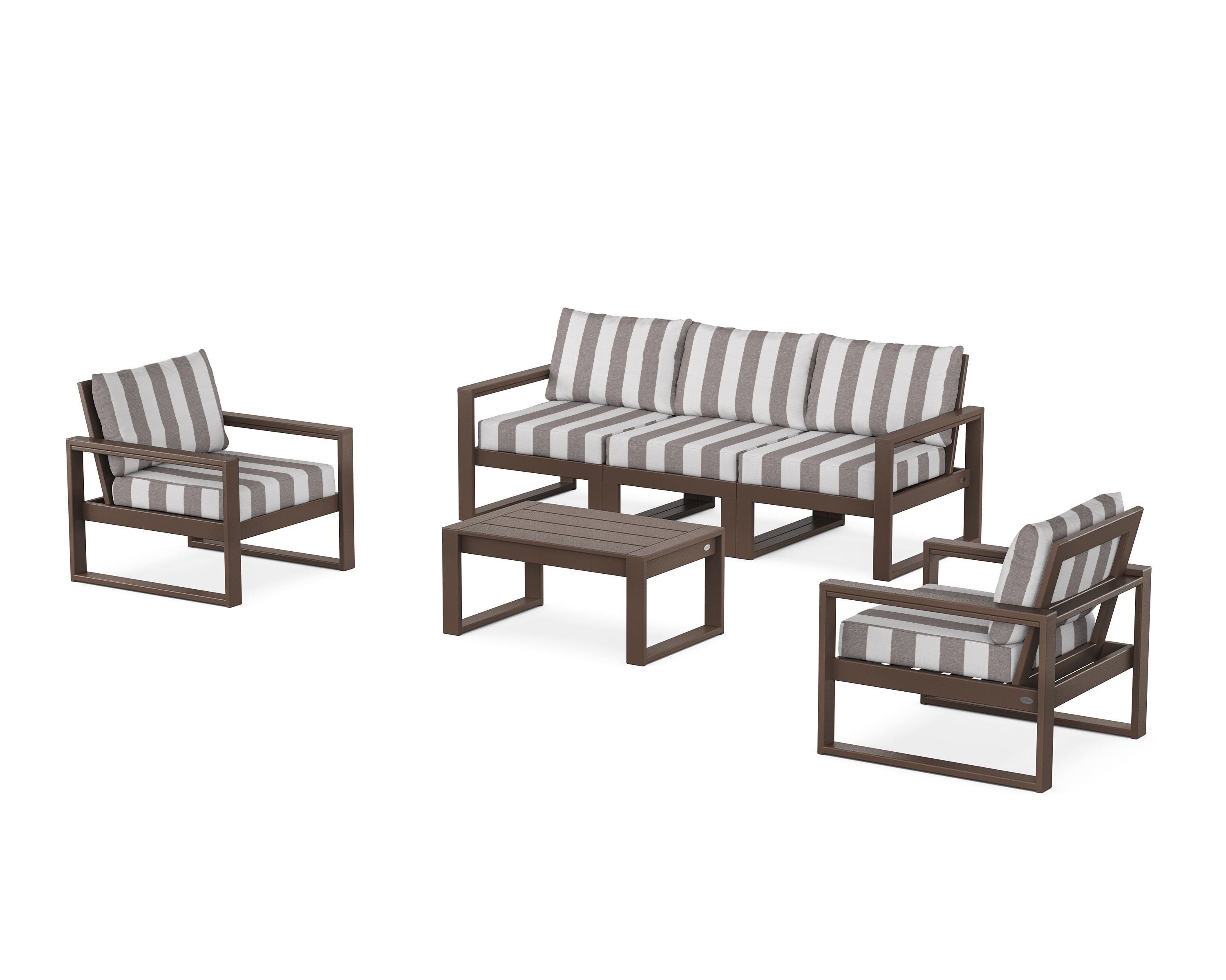 POLYWOOD® EDGE Sectional 4-Piece Deep Seating Set with Sofa in Mahogany / Cabana Stripe Grey Mist
