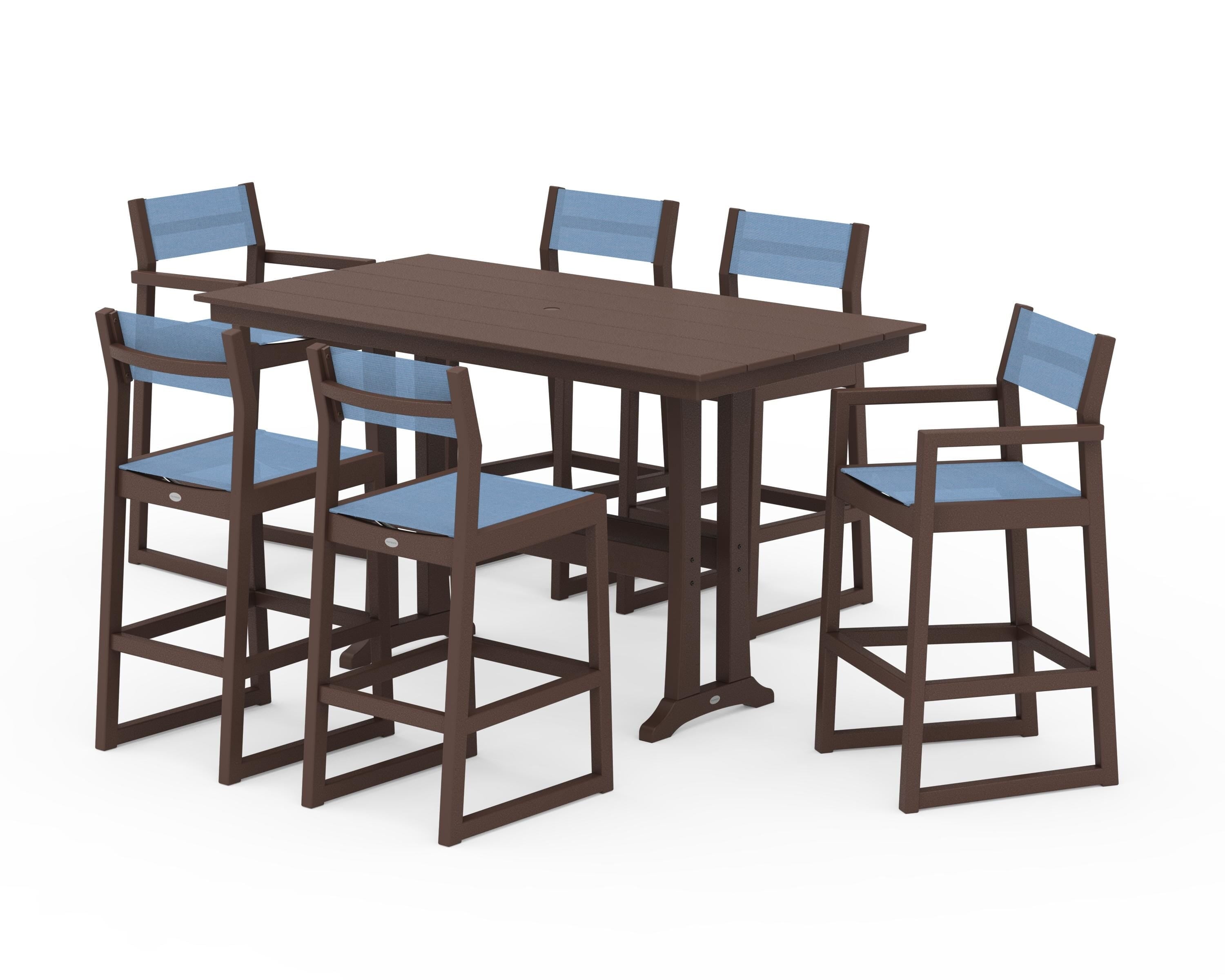 POLYWOOD® EDGE Sling 7-Piece Farmhouse Bar Set with Trestle Legs in Mahogany / Poolside Sling