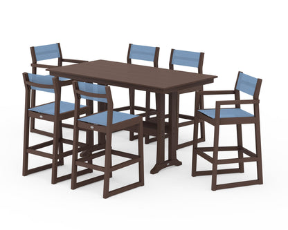 POLYWOOD® EDGE Sling 7-Piece Farmhouse Bar Set with Trestle Legs in Mahogany / Poolside Sling