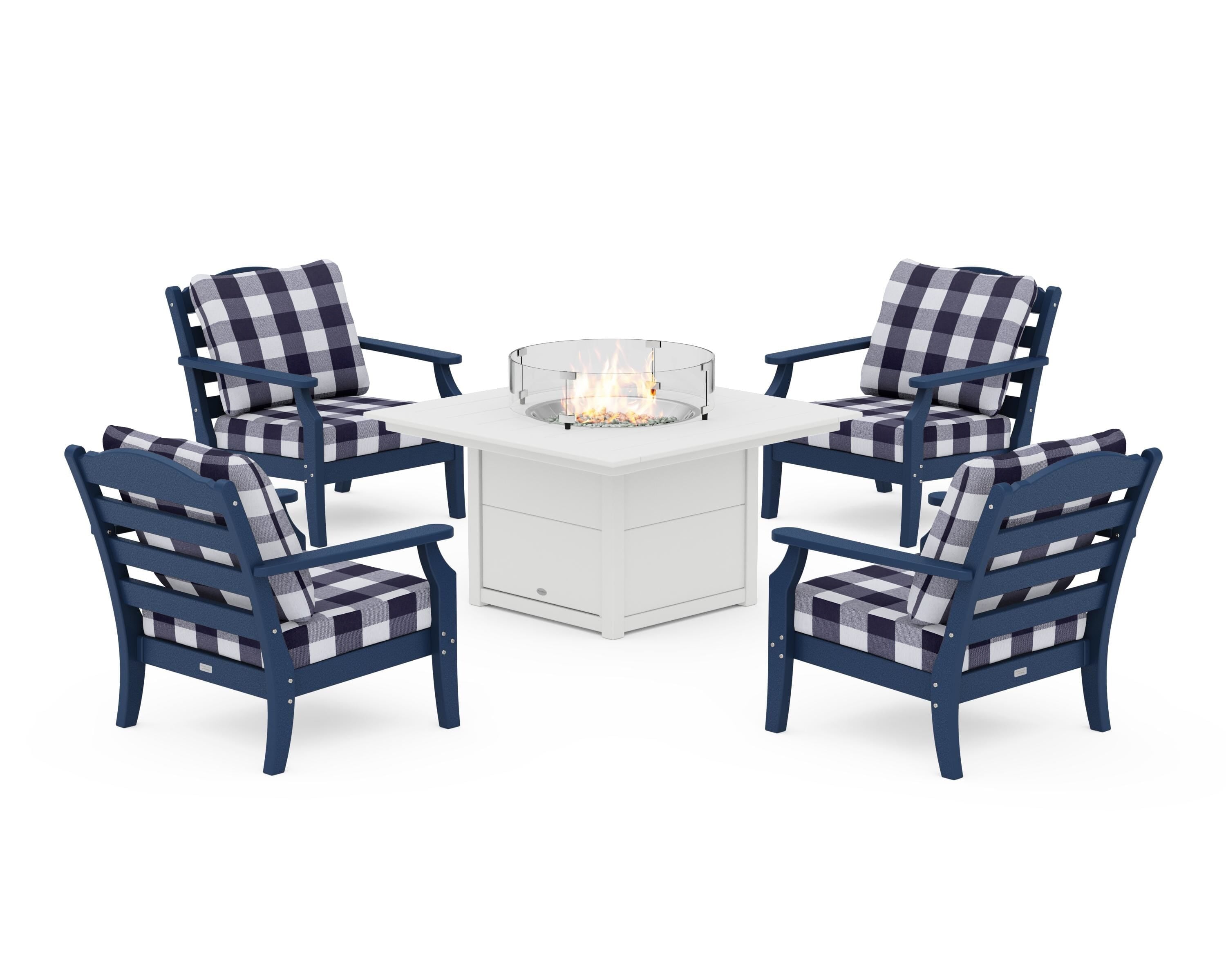 Draper James™ by  POLYWOOD® Savannah 5-Piece Deep Seating Set with Fire Pit Table in Navy / Buffalo Plaid Navy