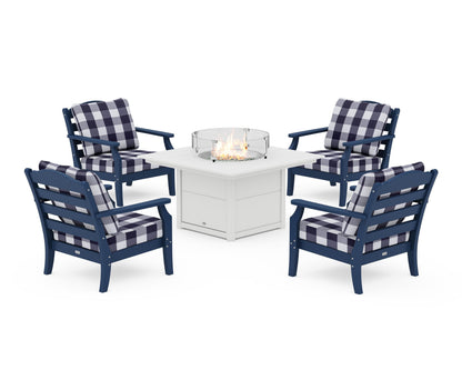 Draper James™ by  POLYWOOD® Savannah 5-Piece Deep Seating Set with Fire Pit Table in Navy / Buffalo Plaid Navy