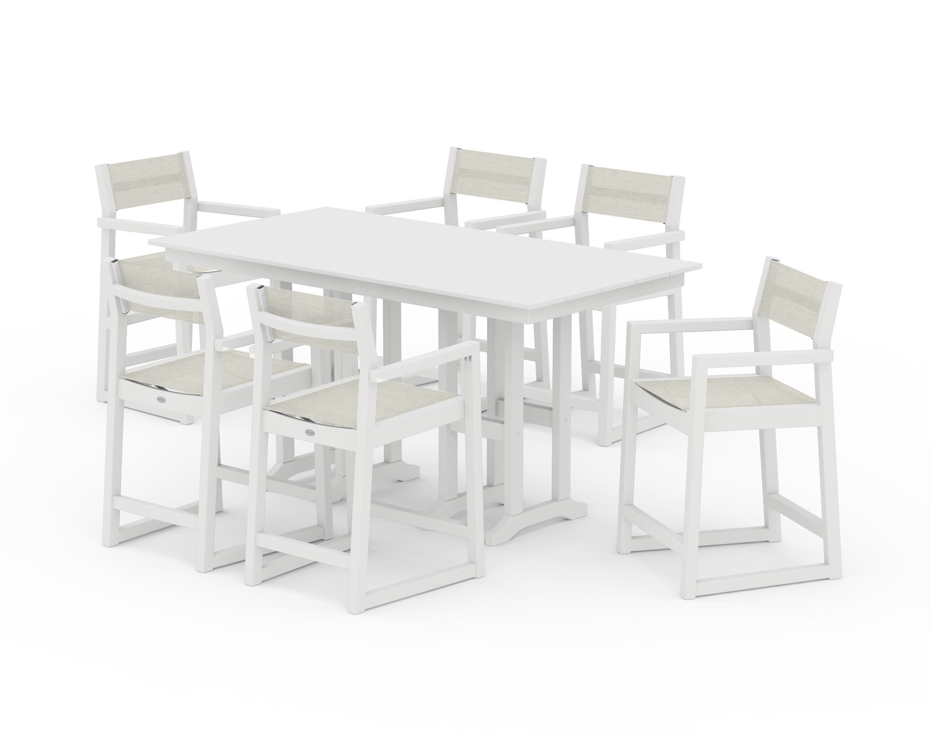 POLYWOOD® EDGE Sling Arm Chair 7-Piece Farmhouse Counter Set in White / Parchment Sling