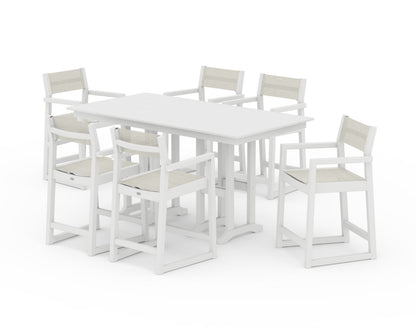 POLYWOOD® EDGE Sling Arm Chair 7-Piece Farmhouse Counter Set in White / Parchment Sling