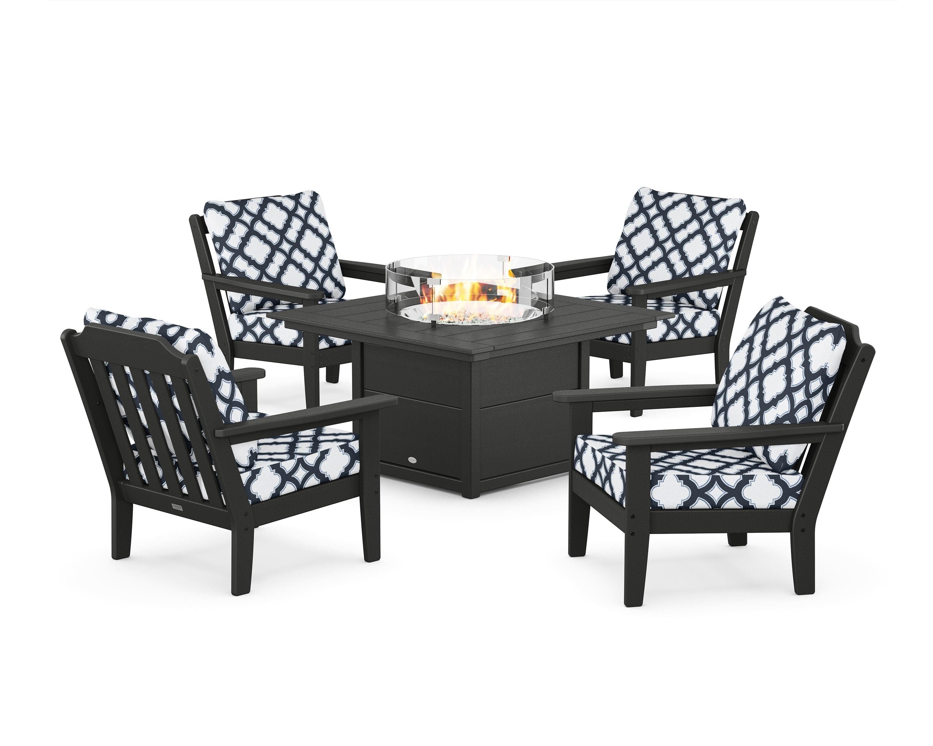 Country Living Cottage 5-Piece Deep Seating Set with Fire Pit Table in Black / Trellis Marine Indigo