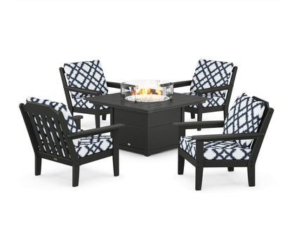Country Living Cottage 5-Piece Deep Seating Set with Fire Pit Table in Black / Trellis Marine Indigo