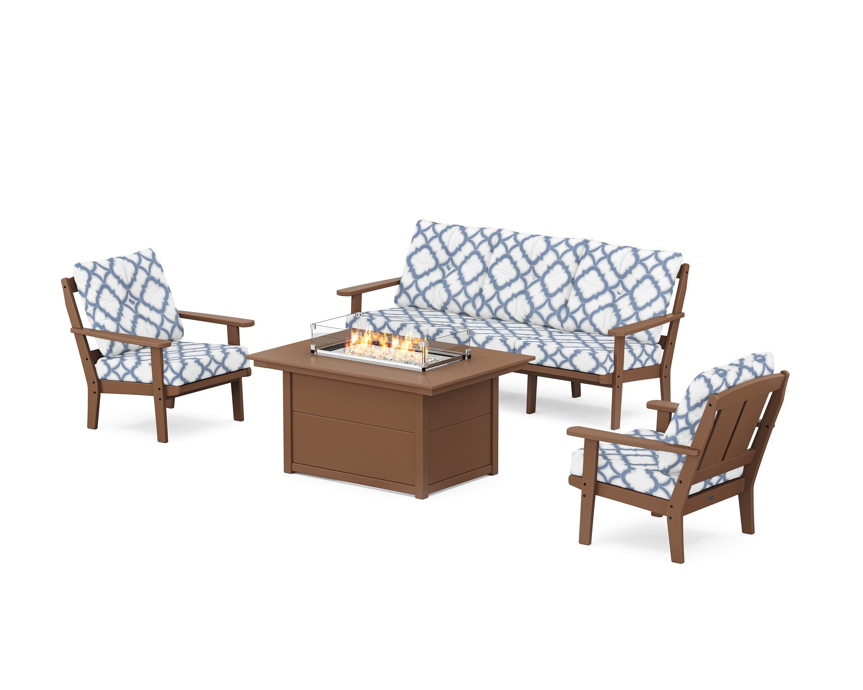 POLYWOOD® Mission Deep Seating Fire Pit Table Set in Teak / Trellis Sky Blue
