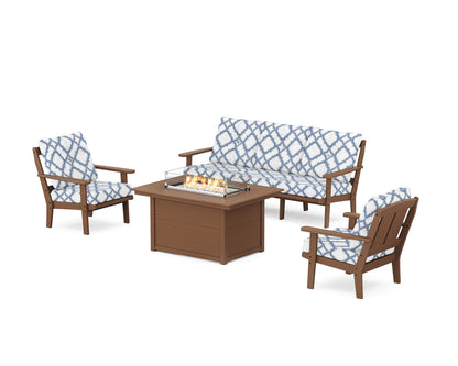 POLYWOOD® Mission Deep Seating Fire Pit Table Set in Teak / Trellis Sky Blue