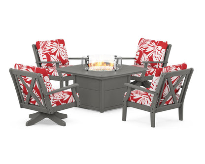 POLYWOOD® Braxton 5-Piece Deep Seating Set with Fire Table in Slate Grey / Leaf Crimson