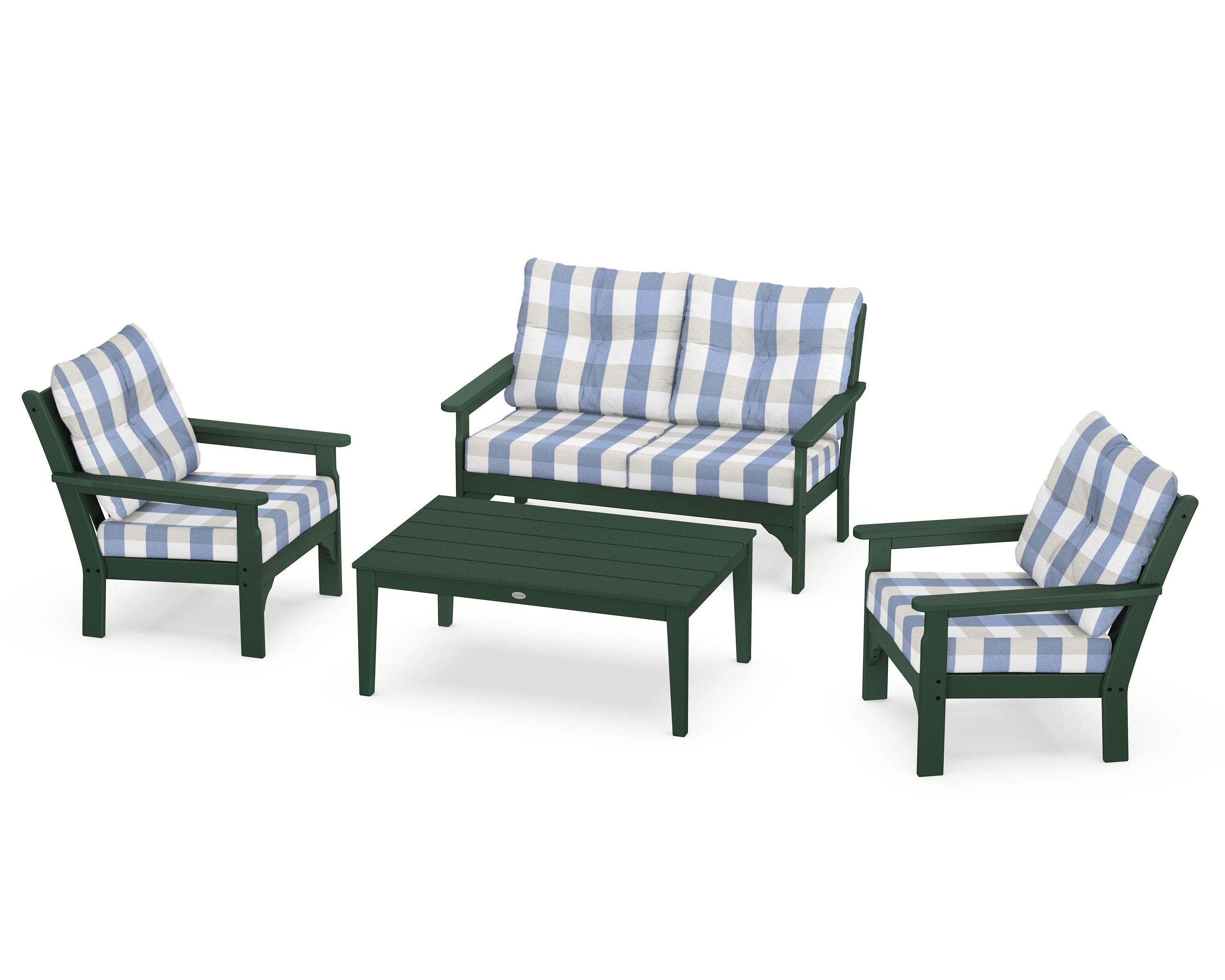 POLYWOOD® Vineyard 4-Piece Deep Seating Set in Green / Buffalo Plaid Sky Blue
