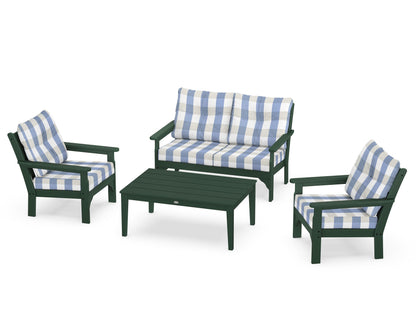 POLYWOOD® Vineyard 4-Piece Deep Seating Set in Green / Buffalo Plaid Sky Blue