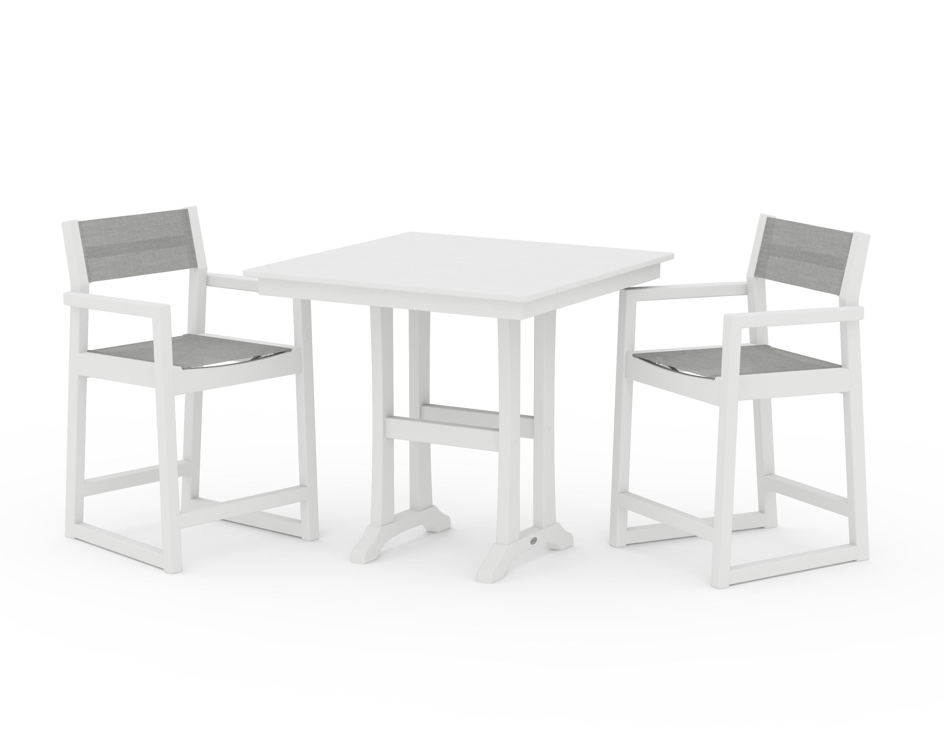 POLYWOOD® EDGE Sling Arm Chair 3-Piece Farmhouse Counter Set with Trestle Legs in White / Metallic Sling