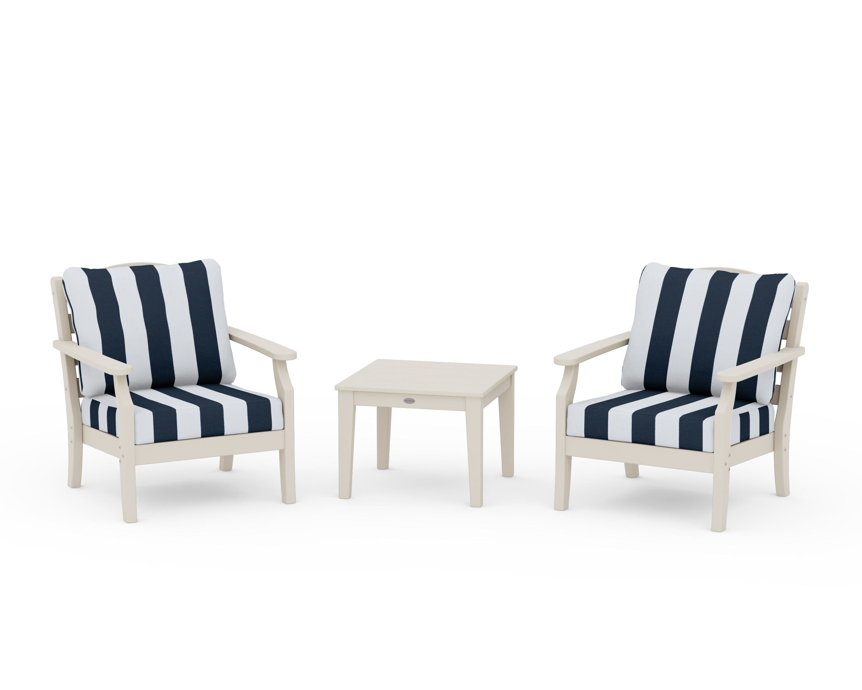 Draper James™ by  POLYWOOD® Savannah 3-Piece Deep Seating Set in Sand / Cabana Stripe Marine Indigo