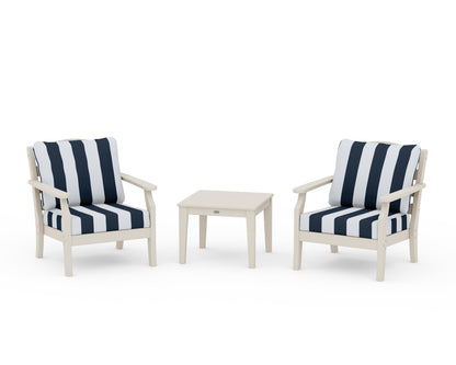 Draper James™ by  POLYWOOD® Savannah 3-Piece Deep Seating Set in Sand / Cabana Stripe Marine Indigo