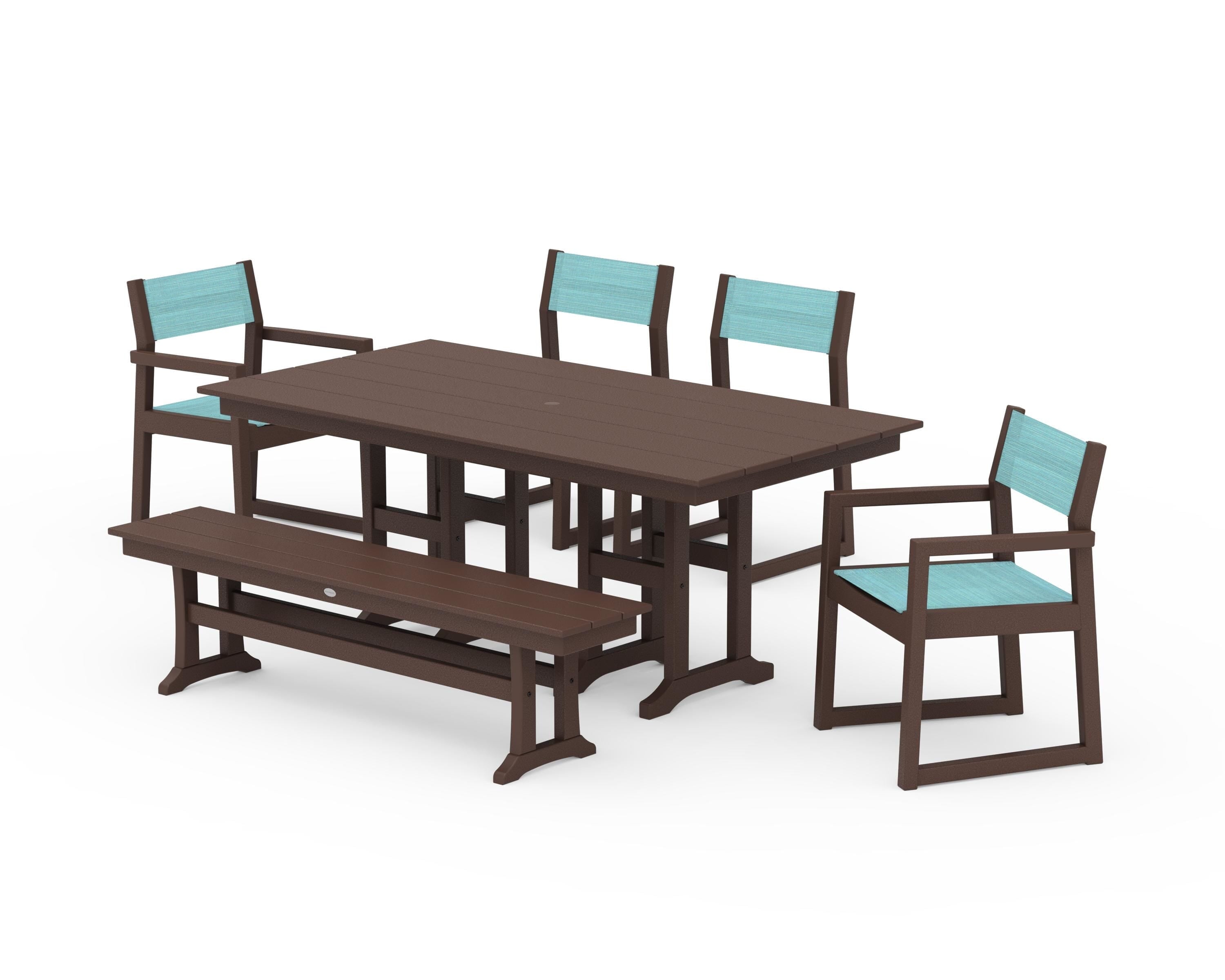 POLYWOOD® EDGE Sling 6-Piece Farmhouse Dining Set in Mahogany / Dupioni Aquamarine Sling