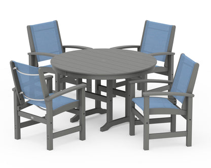 POLYWOOD® Coastal 5-Piece Round Farmhouse Dining Set in Slate Grey / Poolside Sling