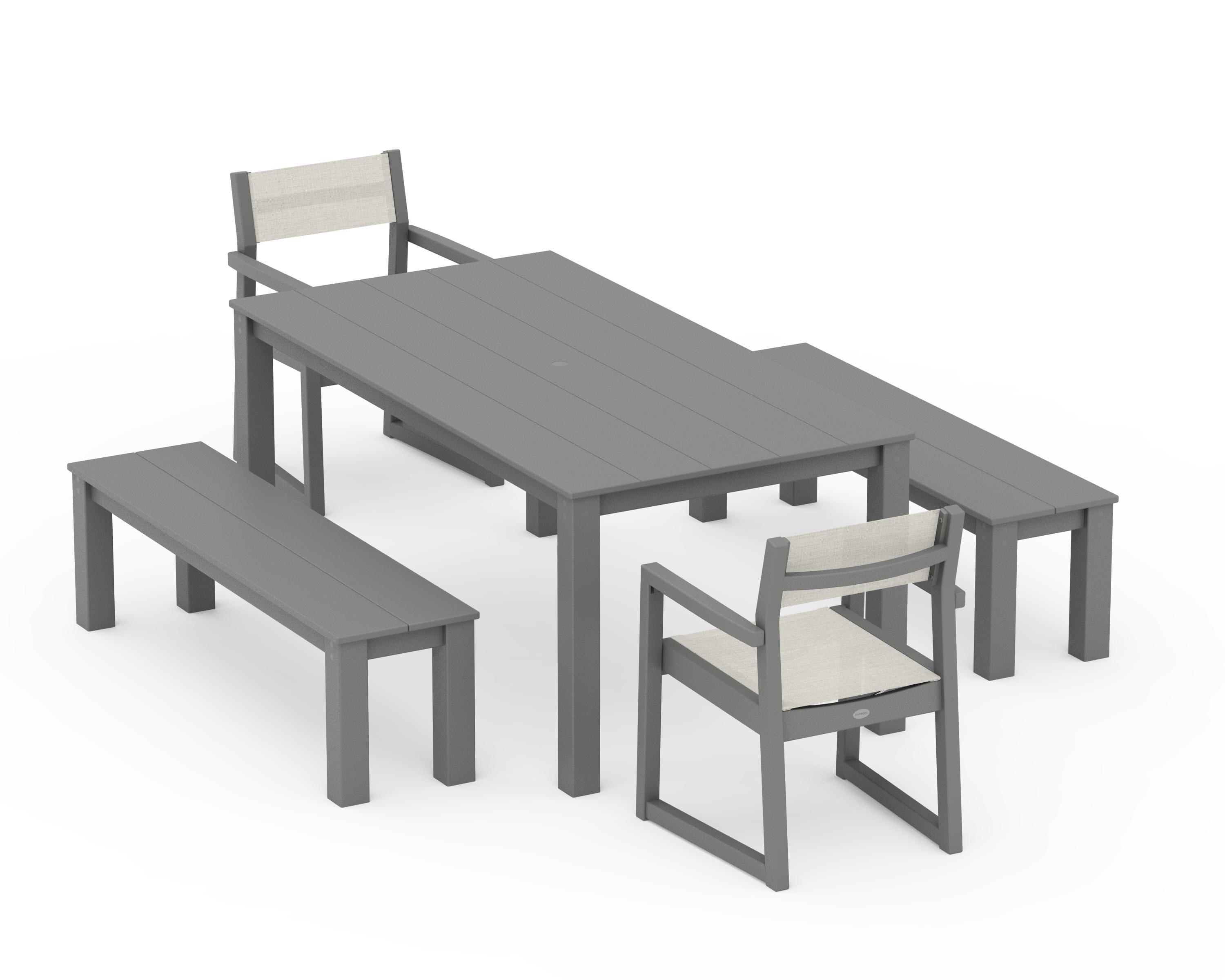 POLYWOOD® EDGE Sling Arm Chair 5-Piece Parsons Dining Set with Benches in Slate Grey / Parchment Sling