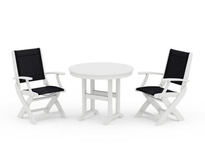 POLYWOOD® Coastal Folding Chair 3-Piece Round Dining Set in White / Black Sling