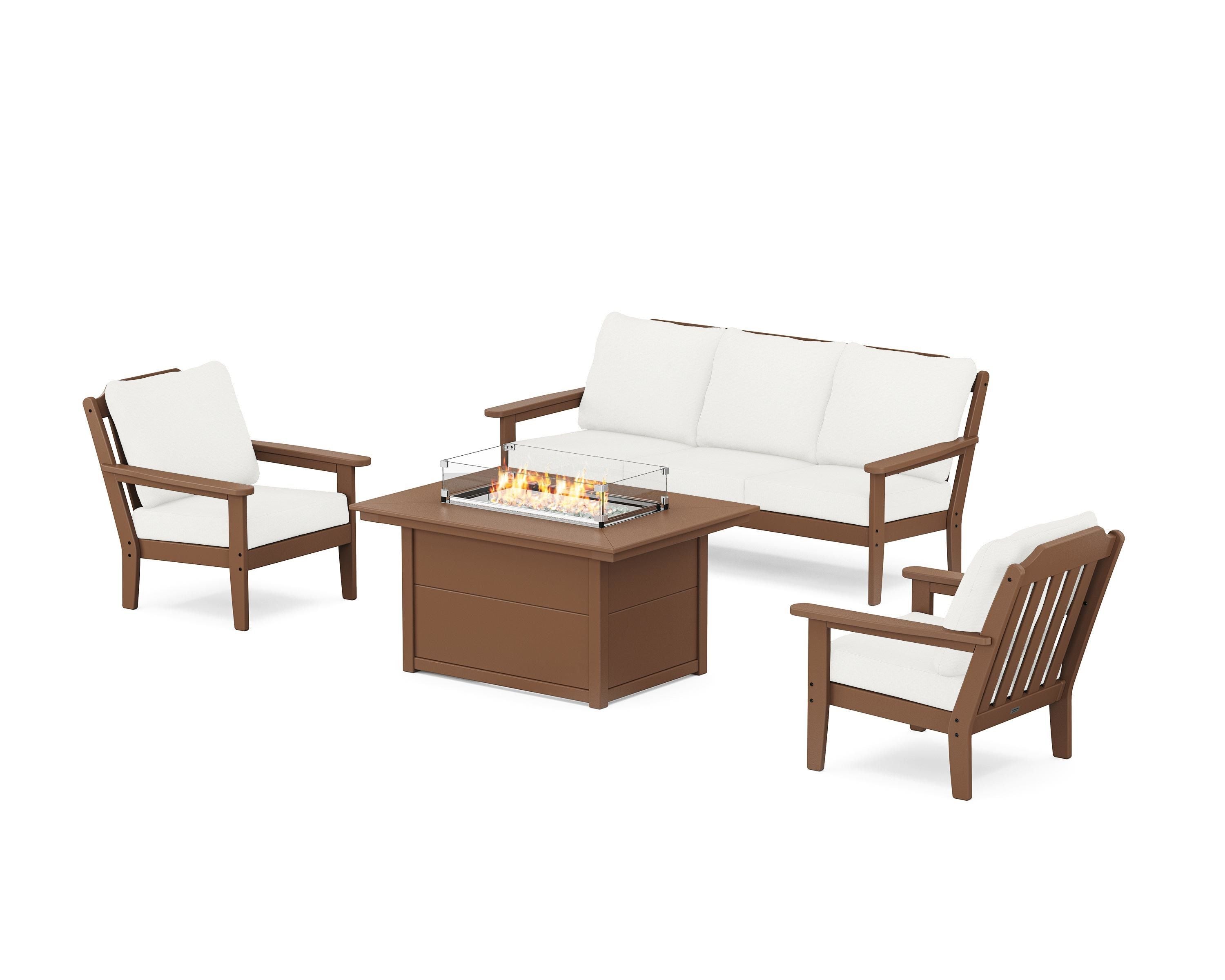 Country Living Cottage Deep Seating Fire Pit Table Set in Teak / Natural Linen