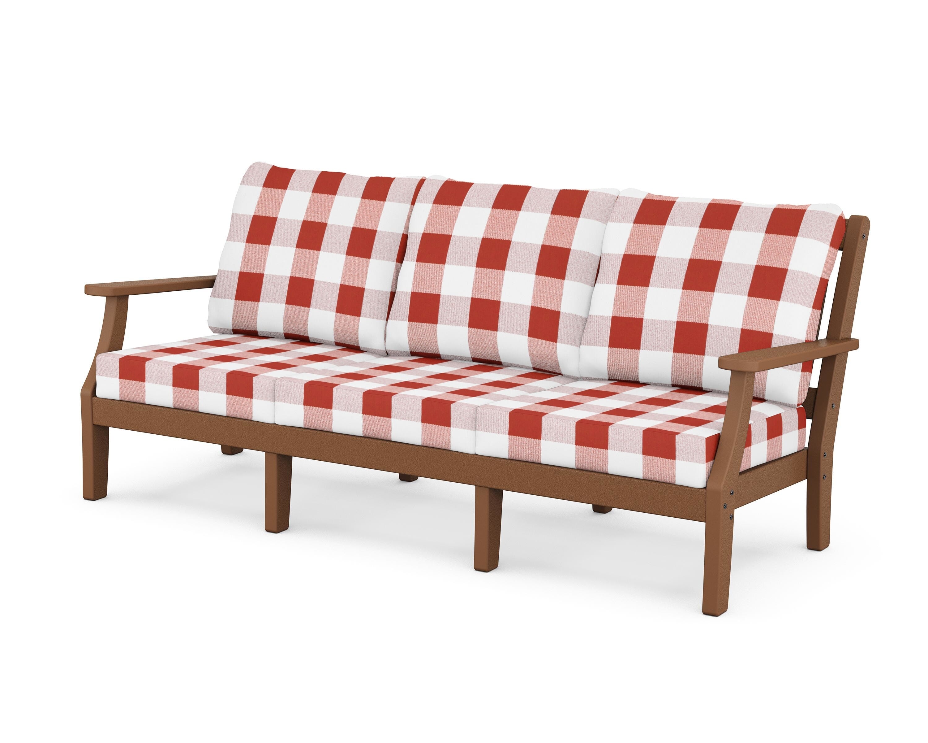Martha Stewart by POLYWOOD® Chinoiserie Deep Seating Sofa in Teak / Buffalo Plaid Crimson