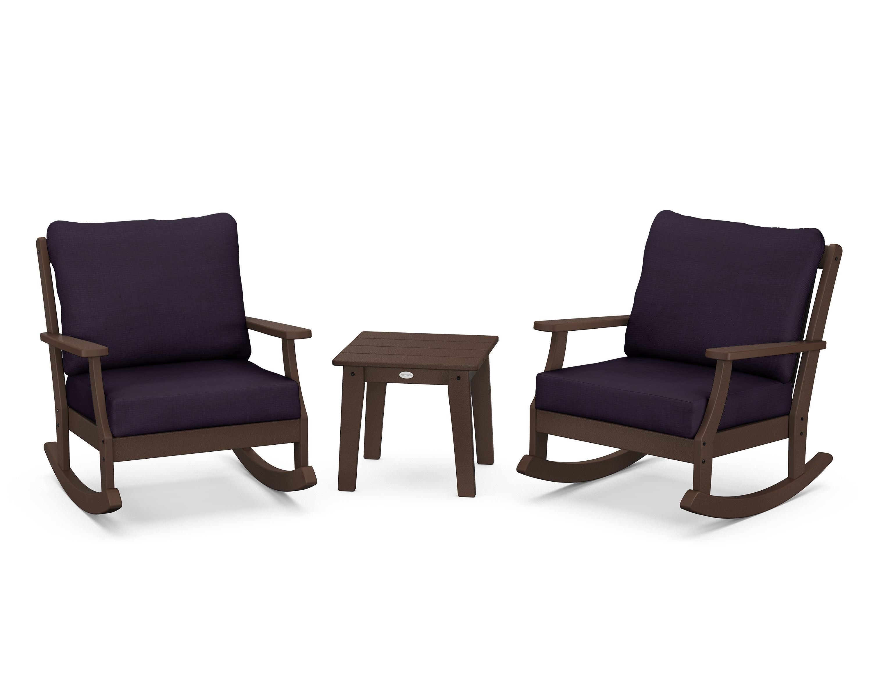 POLYWOOD® Braxton 3-Piece Deep Seating Rocker Set in Mahogany / Navy Linen