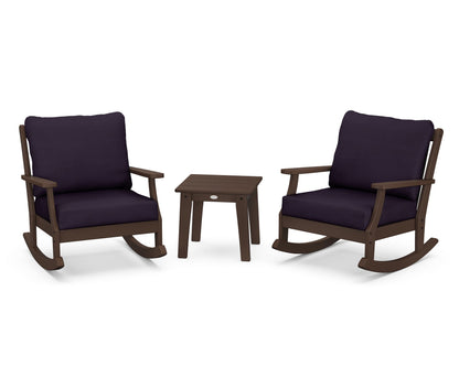 POLYWOOD® Braxton 3-Piece Deep Seating Rocker Set in Mahogany / Navy Linen