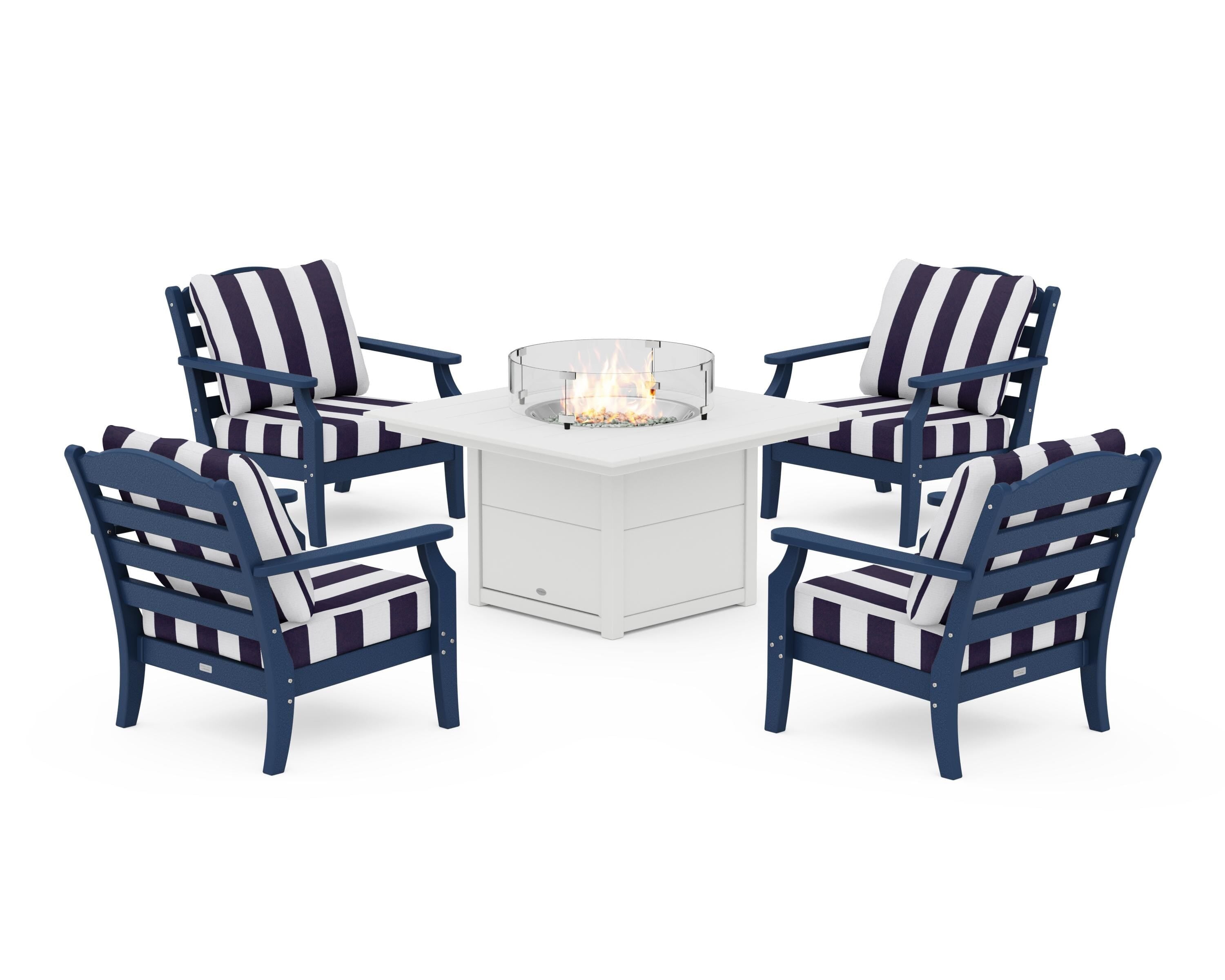 Draper James™ by  POLYWOOD® Savannah 5-Piece Deep Seating Set with Fire Pit Table in Navy / Cabana Stripe Navy