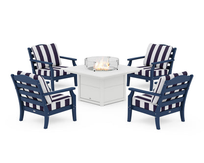 Draper James™ by  POLYWOOD® Savannah 5-Piece Deep Seating Set with Fire Pit Table in Navy / Cabana Stripe Navy