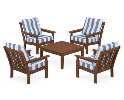 POLYWOOD® Vineyard 5-Piece Deep Seating Conversation Set in Teak / Cabana Stripe Sky Blue