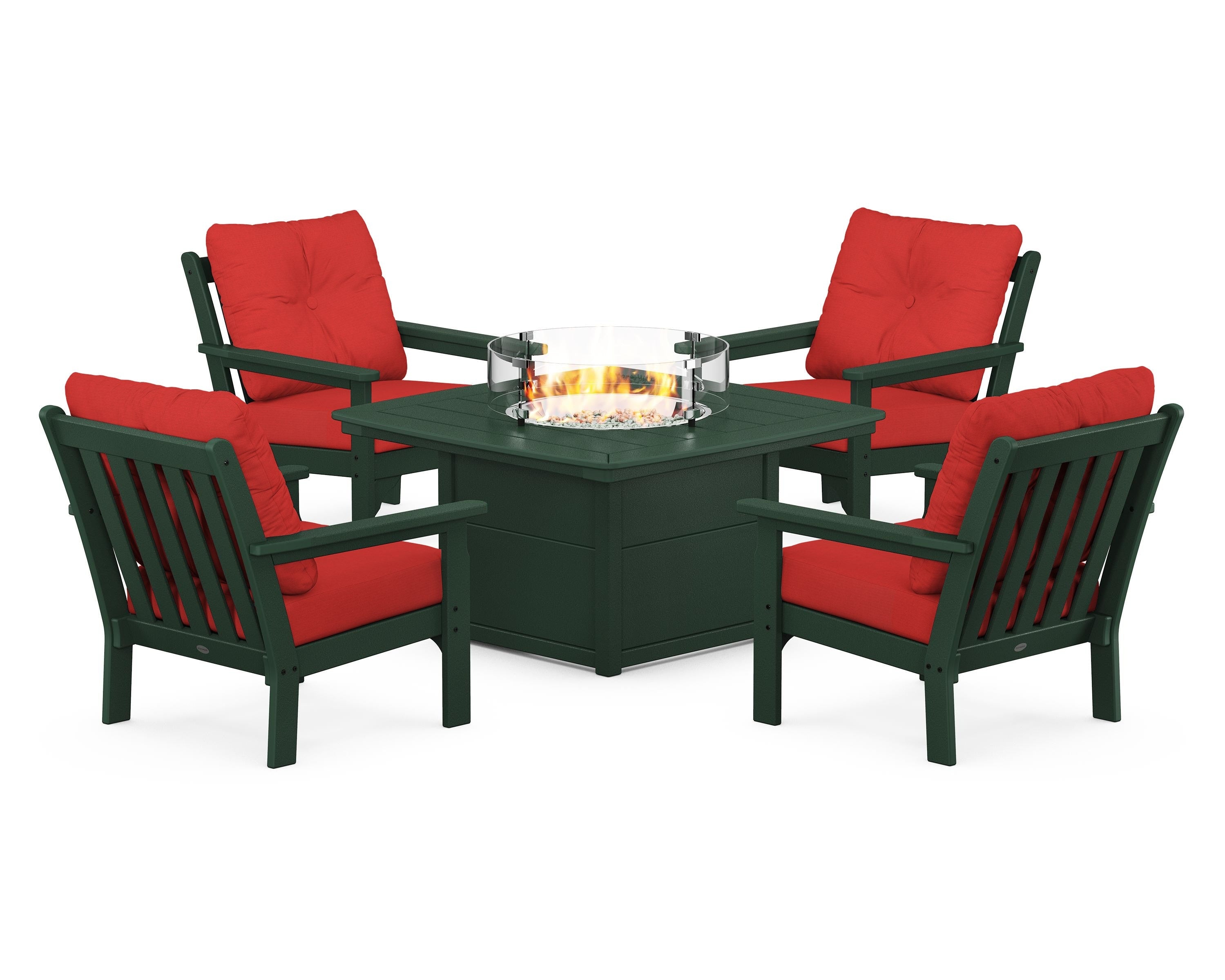POLYWOOD® Vineyard 5-Piece Conversation Set with Fire Pit Table in Green / Crimson Linen