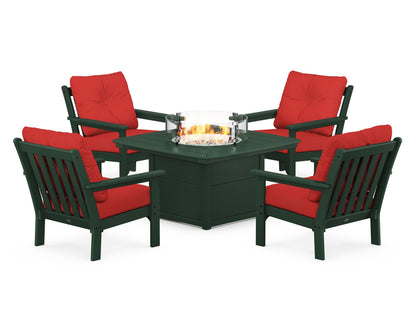 POLYWOOD® Vineyard 5-Piece Conversation Set with Fire Pit Table in Green / Crimson Linen