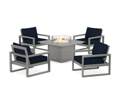 POLYWOOD® EDGE Sectional 5-Piece Deep Seating Set with Fire Pit Table in Slate Grey / Marine Indigo
