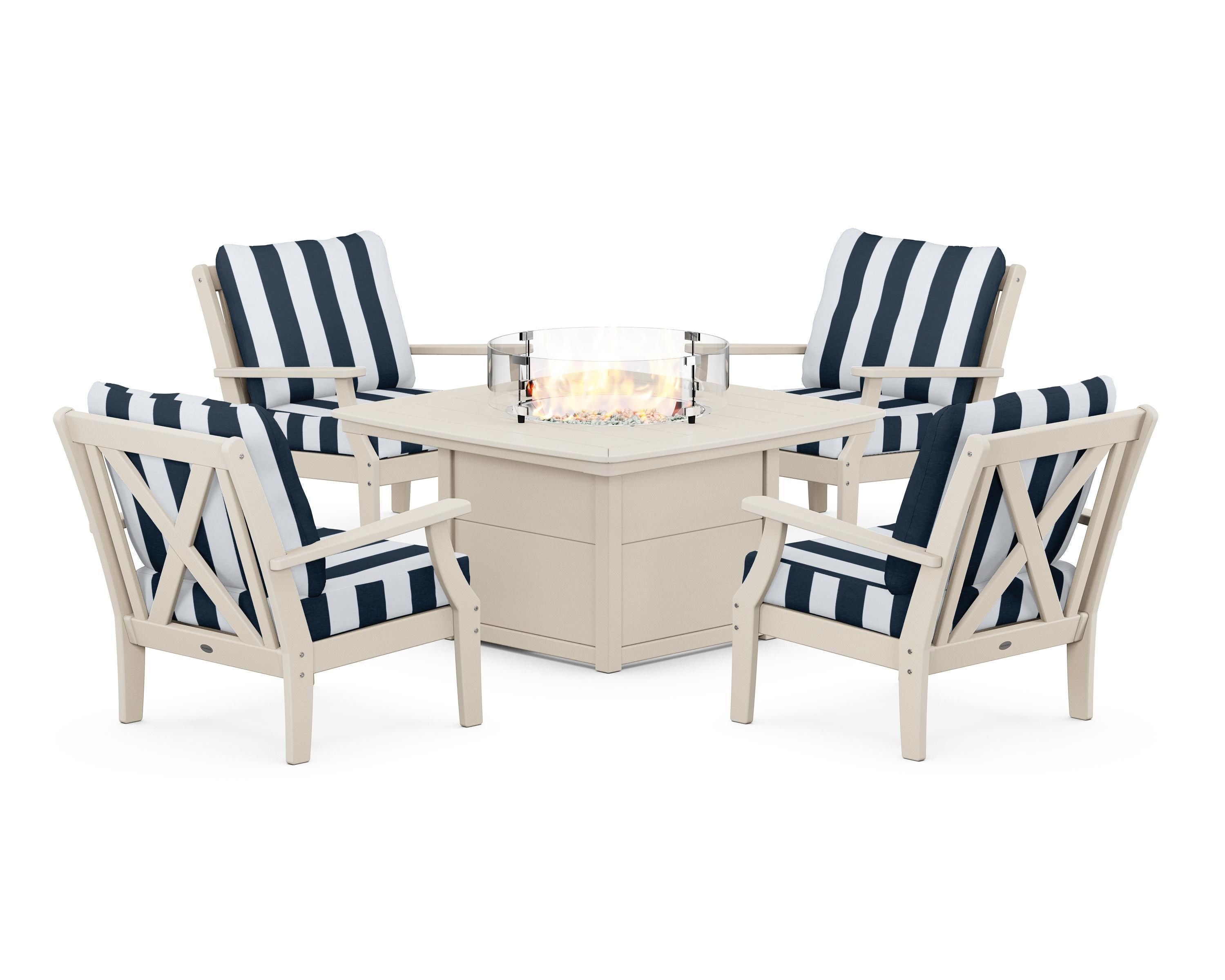 POLYWOOD® Braxton 5-Piece Deep Seating Conversation Set with Fire Pit Table in Sand / Cabana Stripe Marine Indigo