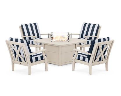 POLYWOOD® Braxton 5-Piece Deep Seating Conversation Set with Fire Pit Table in Sand / Cabana Stripe Marine Indigo