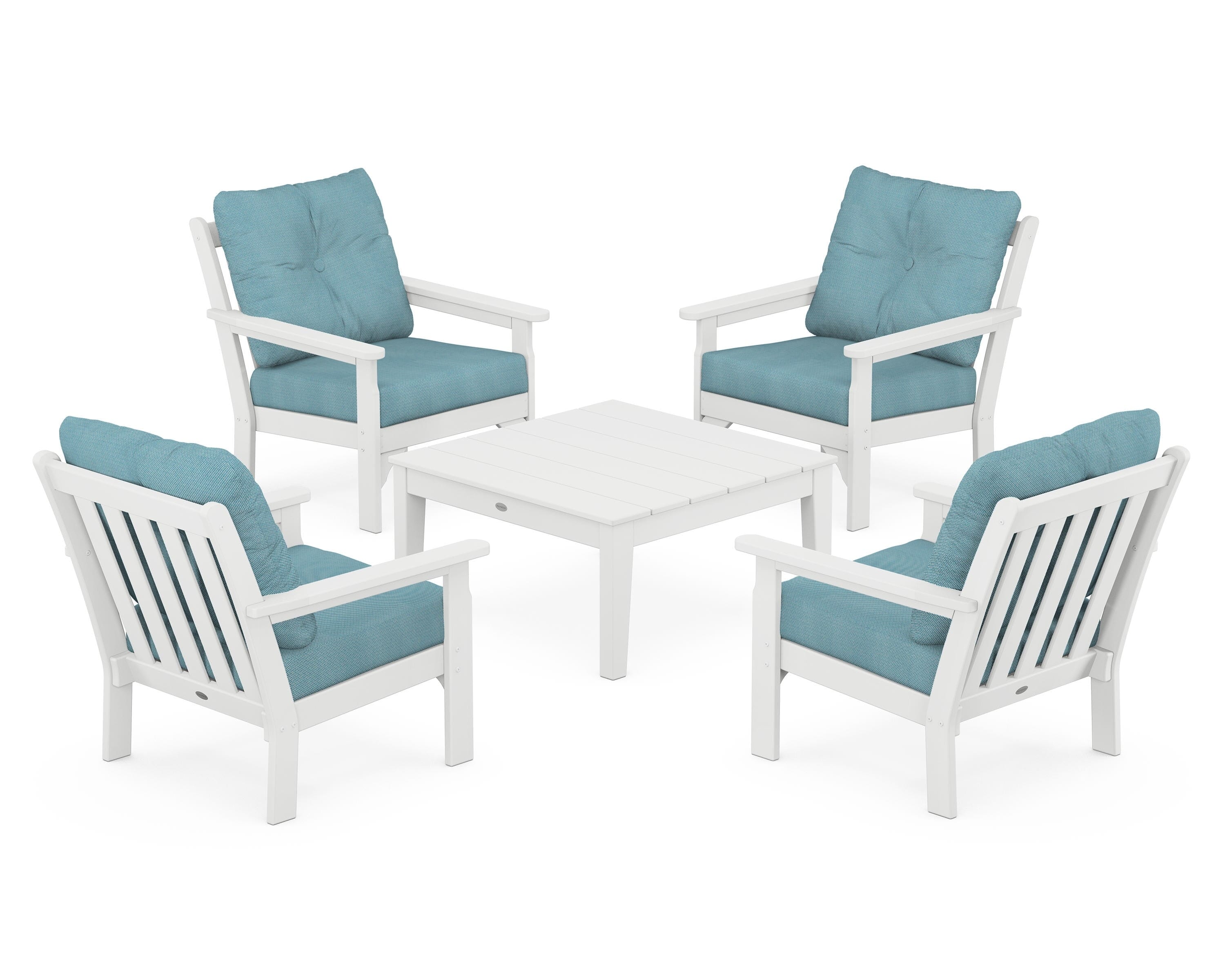 POLYWOOD® Vineyard 5-Piece Deep Seating Conversation Set in White / Lattice Sky Blue