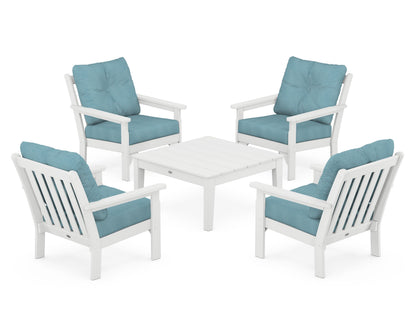 POLYWOOD® Vineyard 5-Piece Deep Seating Conversation Set in White / Lattice Sky Blue
