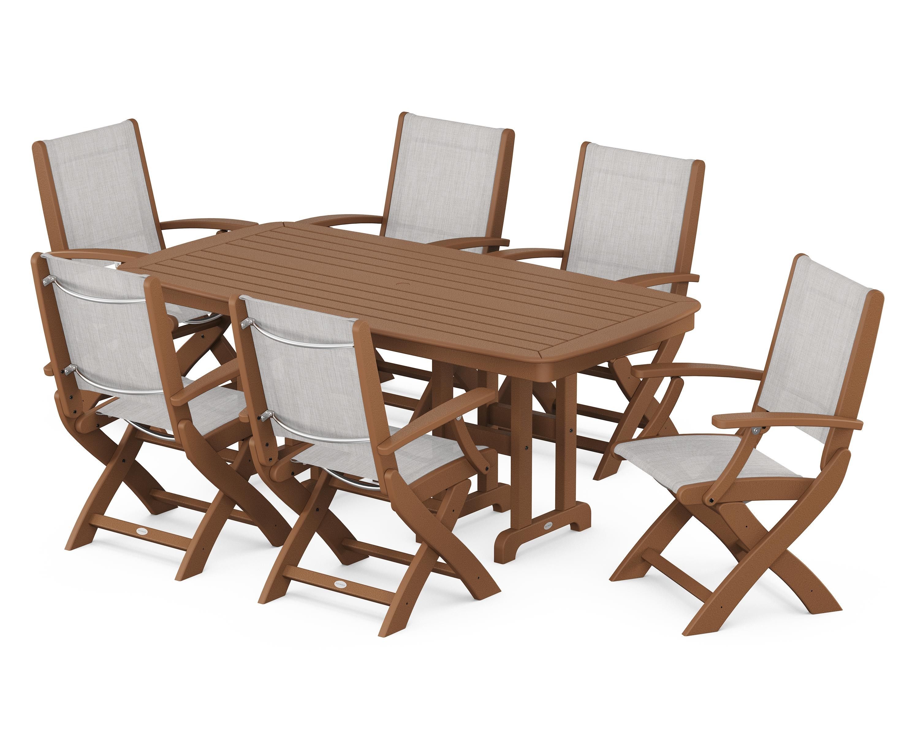 POLYWOOD® Coastal Folding Arm Chair 7-Piece Dining Set in Teak / Parchment Sling
