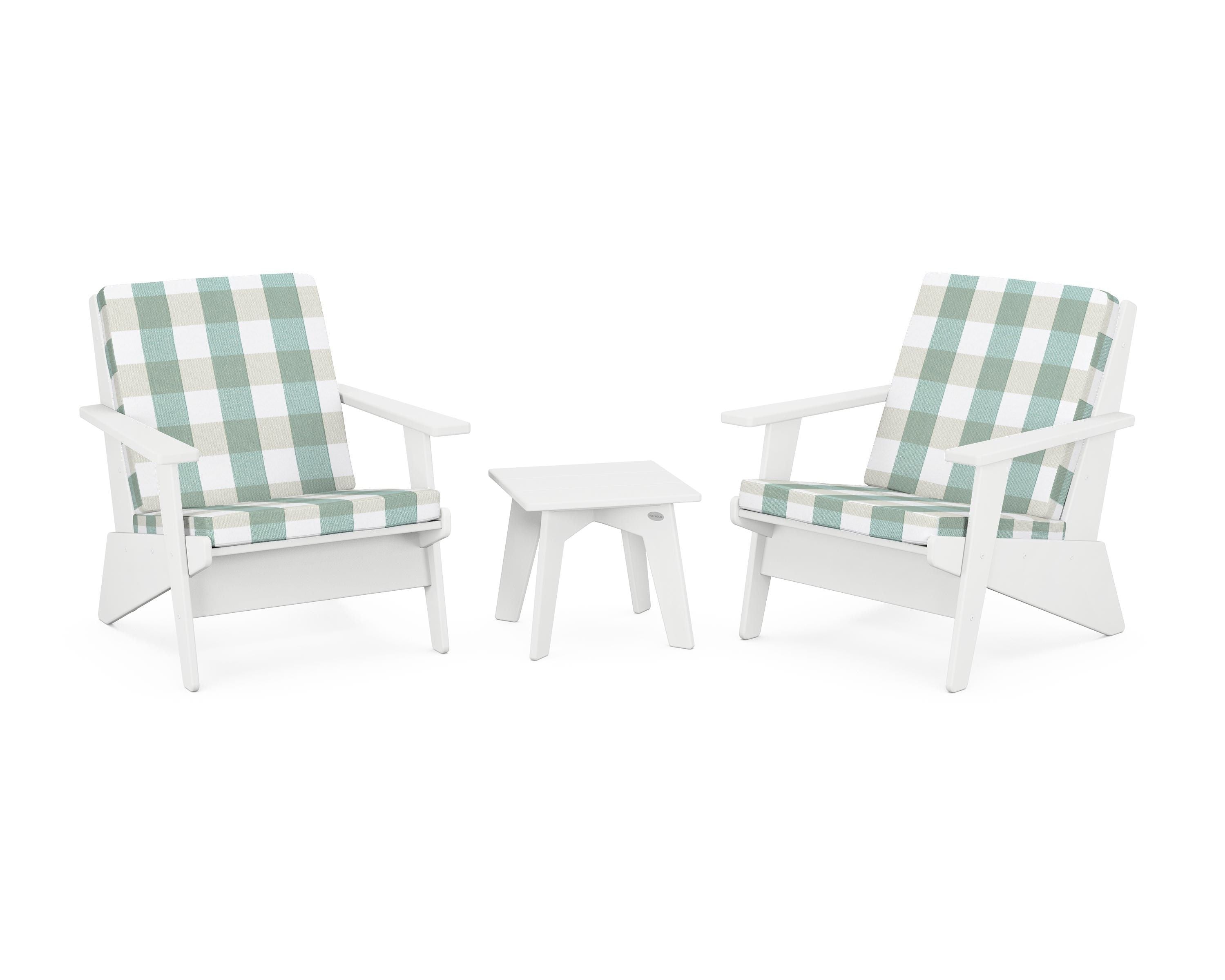POLYWOOD® Riviera Modern Lounge 3-Piece Set in White / Buffalo Plaid Glacier Spa