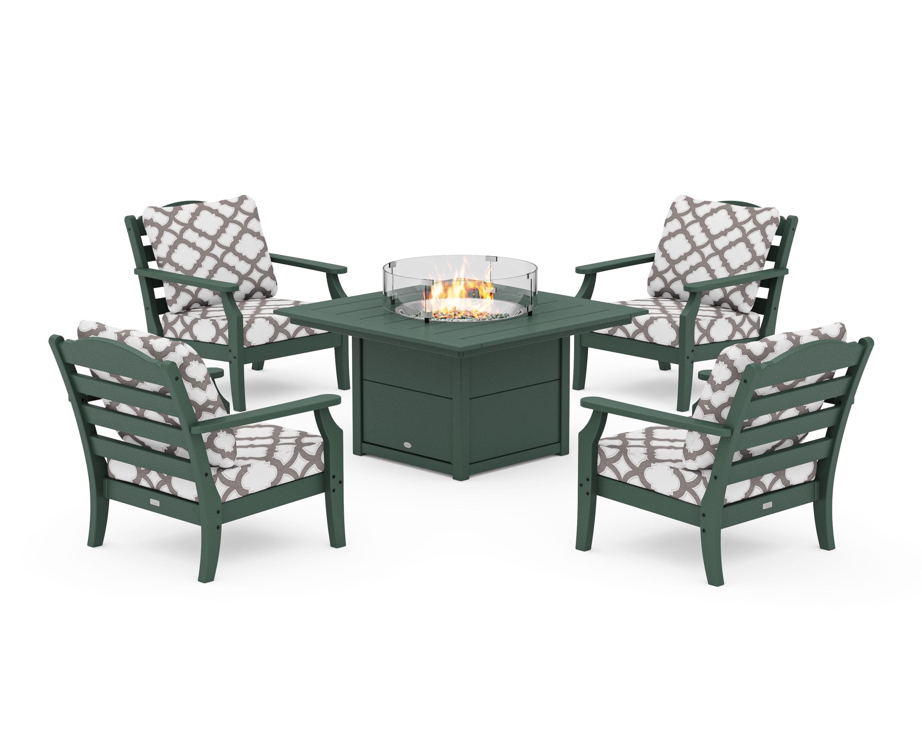 Draper James™ by  POLYWOOD® Savannah 5-Piece Deep Seating Set with Fire Pit Table in Green / Trellis Grey Mist
