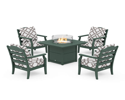 Draper James™ by  POLYWOOD® Savannah 5-Piece Deep Seating Set with Fire Pit Table in Green / Trellis Grey Mist