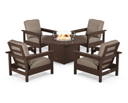 POLYWOOD® Club 5-Piece Conversation Set with Fire Pit Table in Mahogany / Spiced Burlap